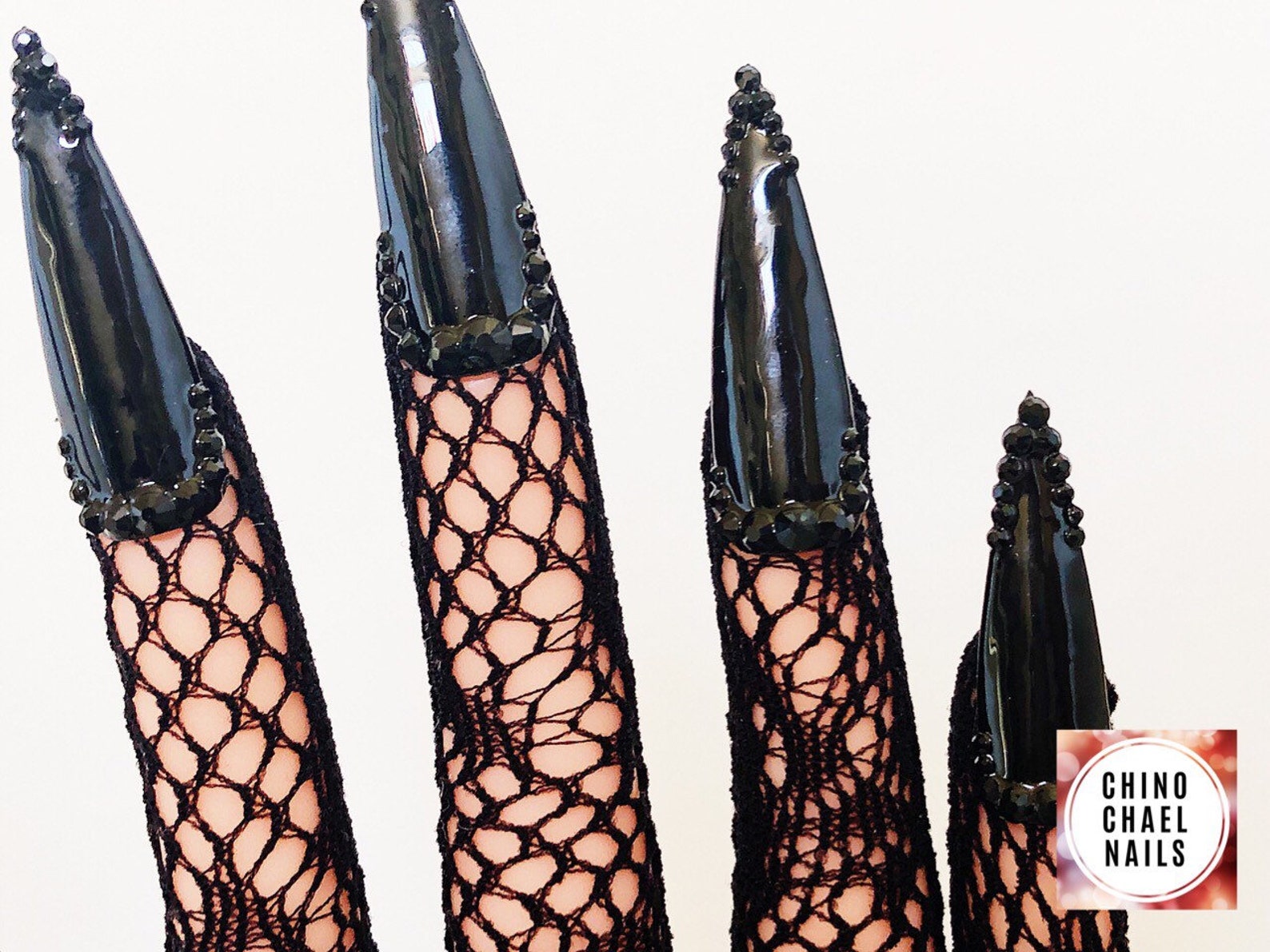 Nail gloves black lace elbyw length with black glass stones Etsy