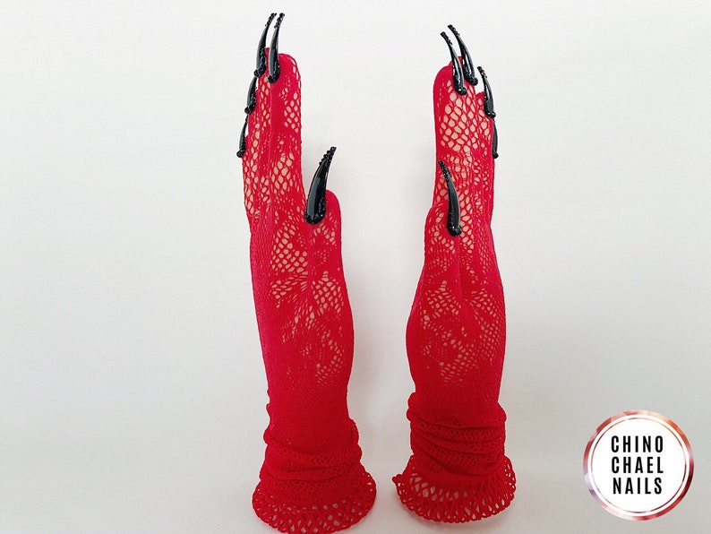 Restocked red long lace nail gloves with black nail tips with Etsy