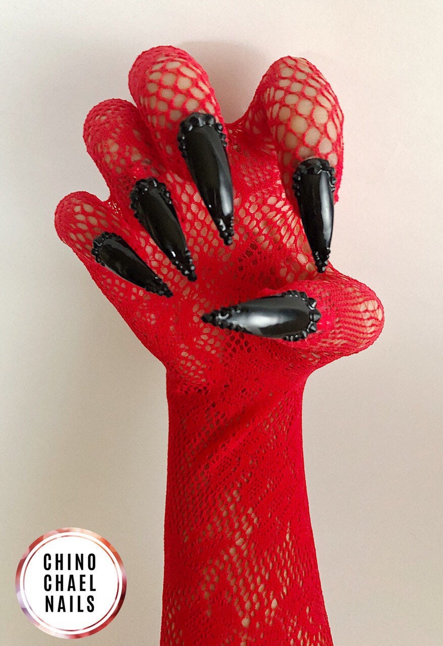 Restocked red long lace nail gloves with black nail tips with Etsy