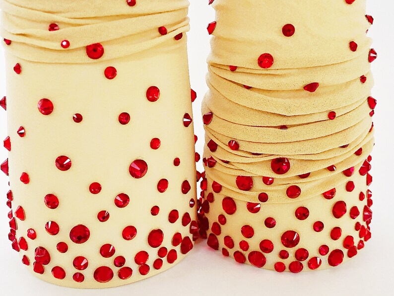 Sheer faux skin nail gloves with red stiletto nails and red glass rhinestones for drag queens burlesque performers and Dancers