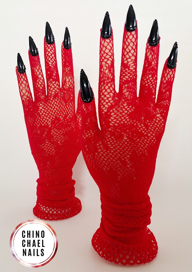 Restocked red long lace nail gloves with black nail tips with Etsy