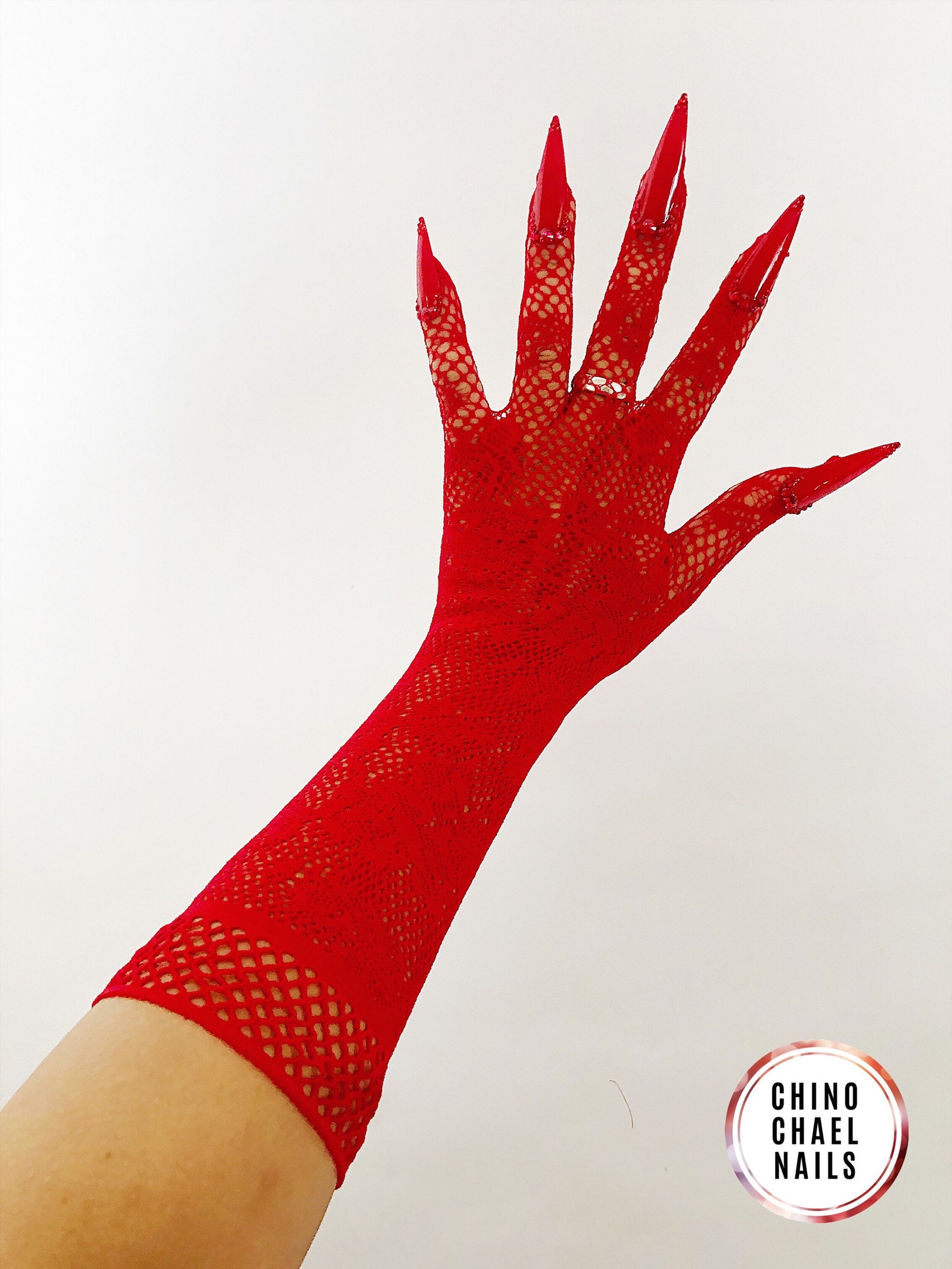 Red nail gloves black lace elbow length with red glass stones Etsy