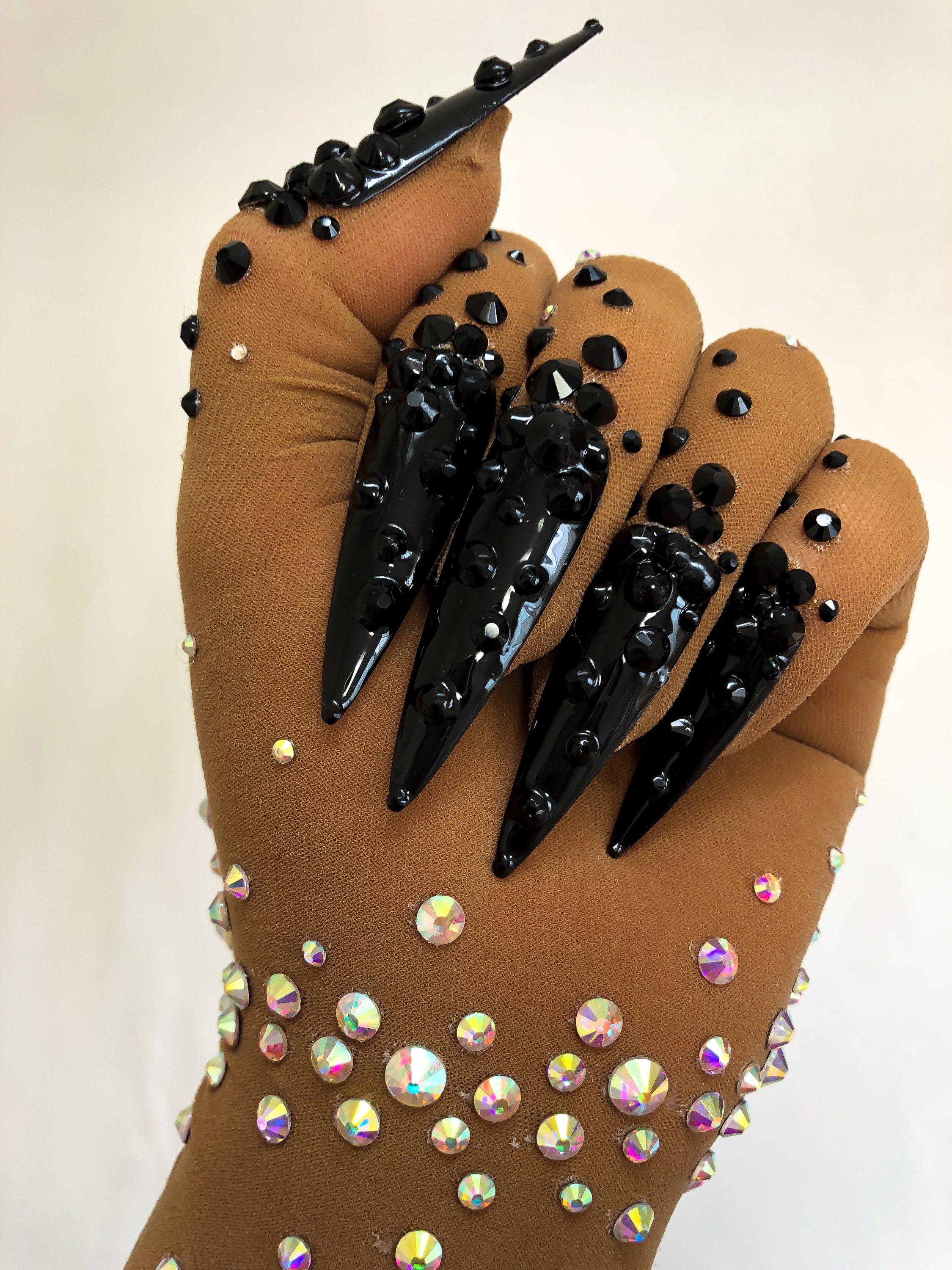Sheer faux skin nail gloves with black nails and AB glass Etsy