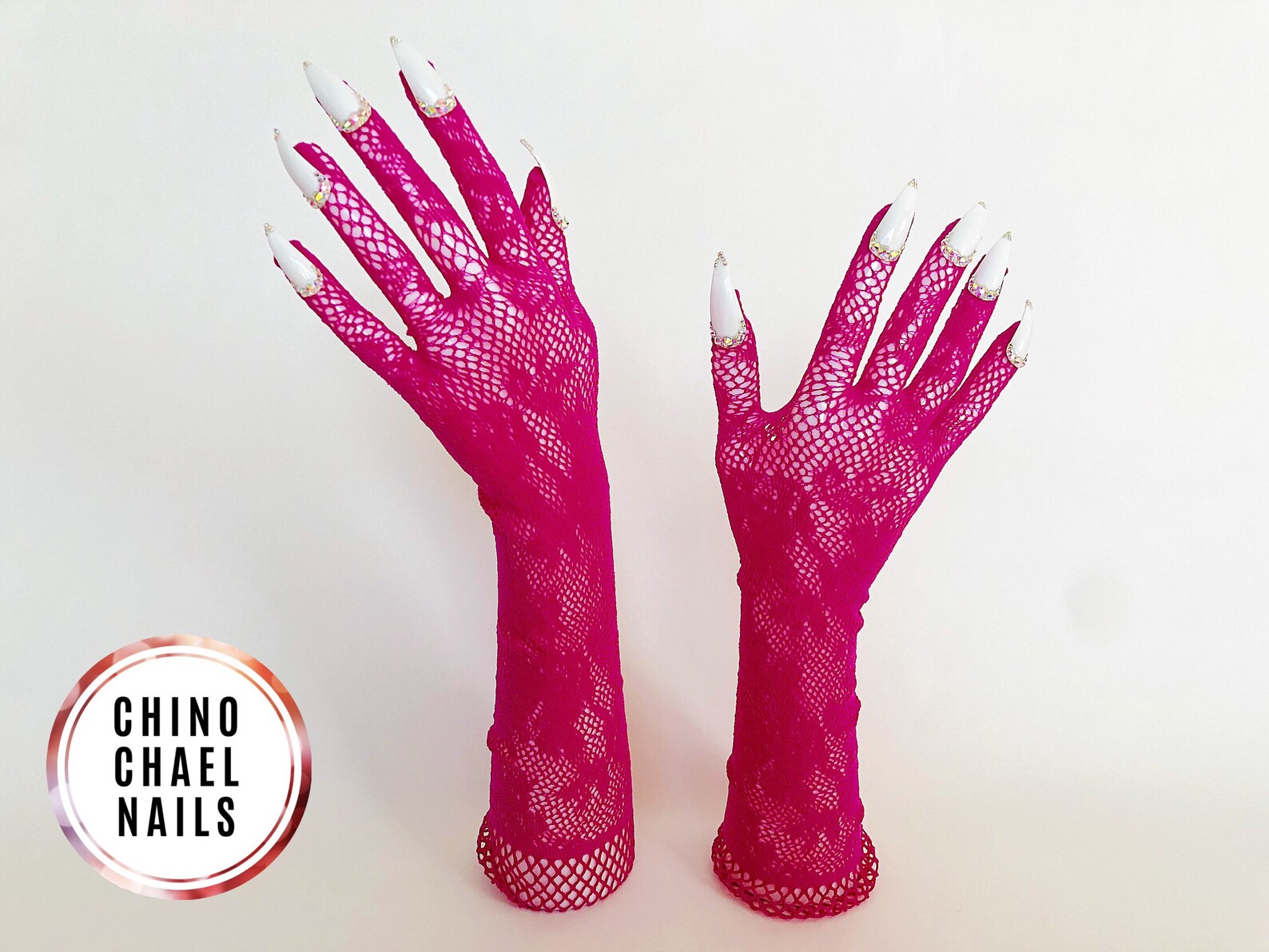 Nail gloves fuchsia shocking pink stretch lace elbow length Etsy