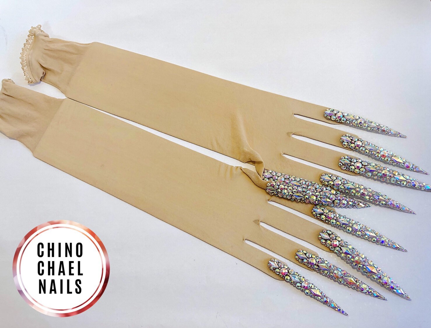 Faux skin nail gloves with super long nail tips and AB glass Etsy