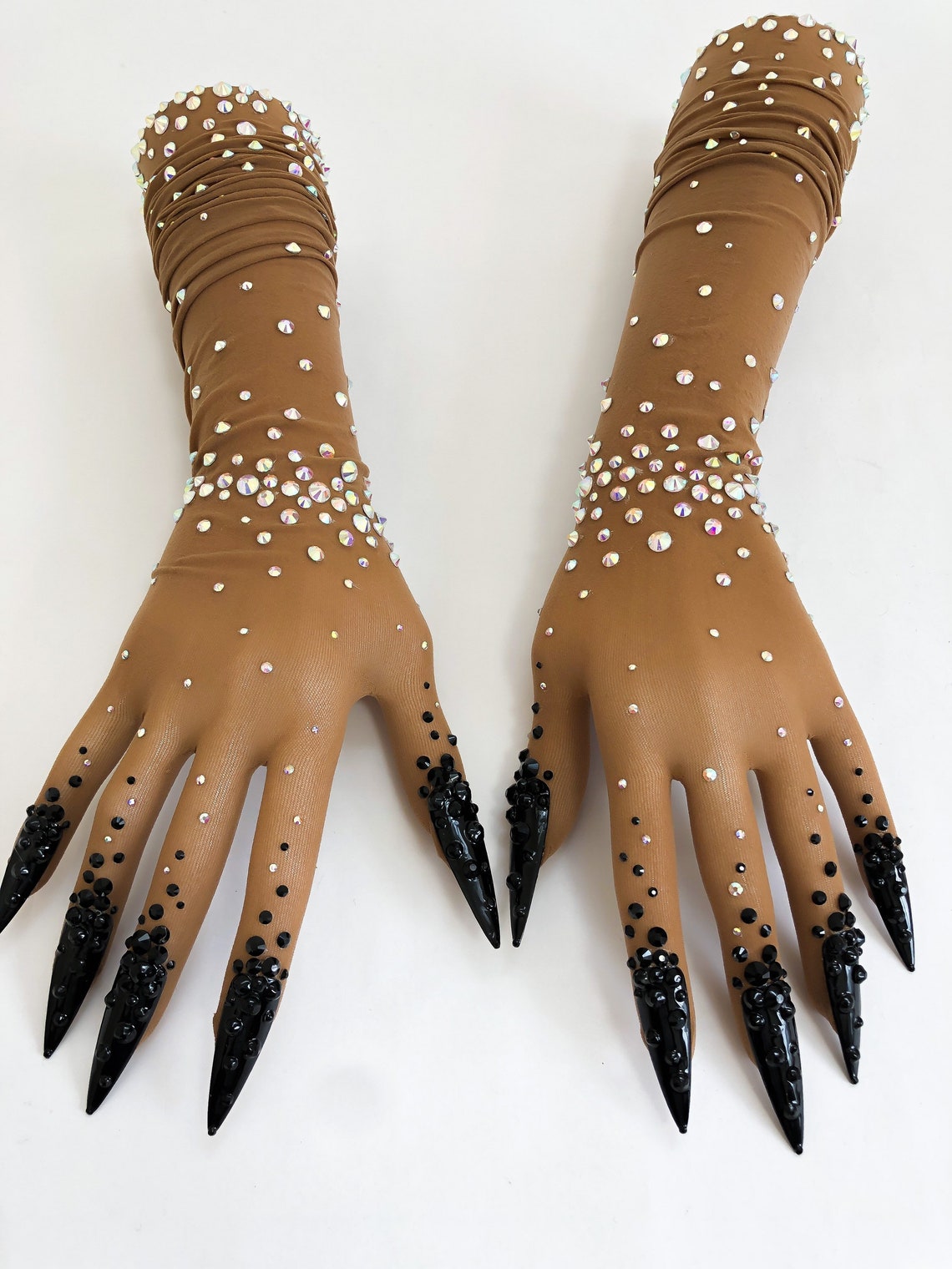 Sheer faux skin nail gloves with black nails and AB glass Etsy