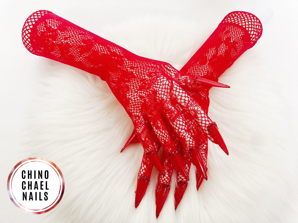 Red nail gloves black lace elbow length with red glass stones Etsy