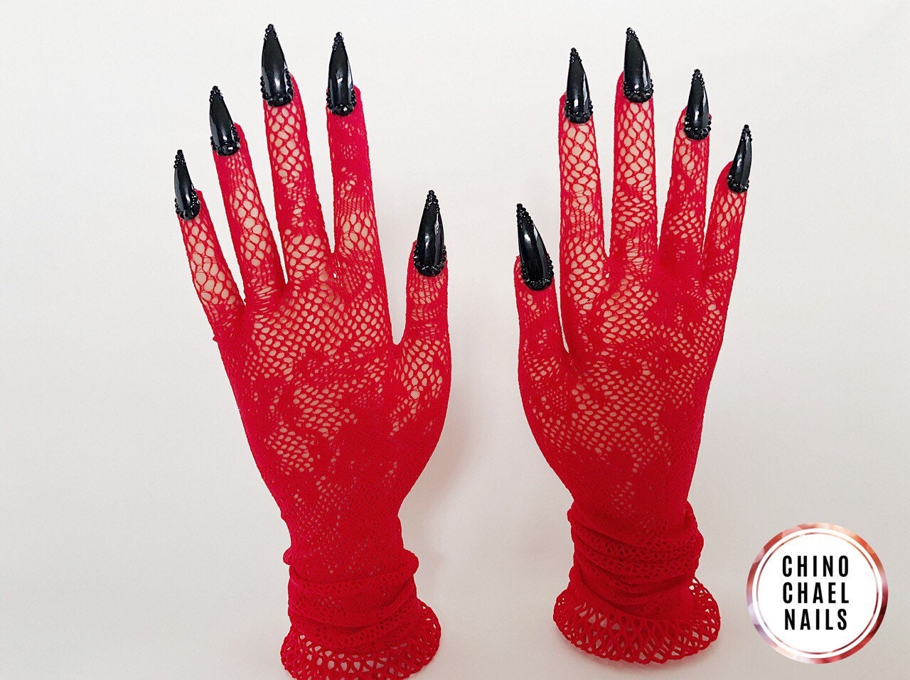 Restocked red long lace nail gloves with black nail tips with Etsy
