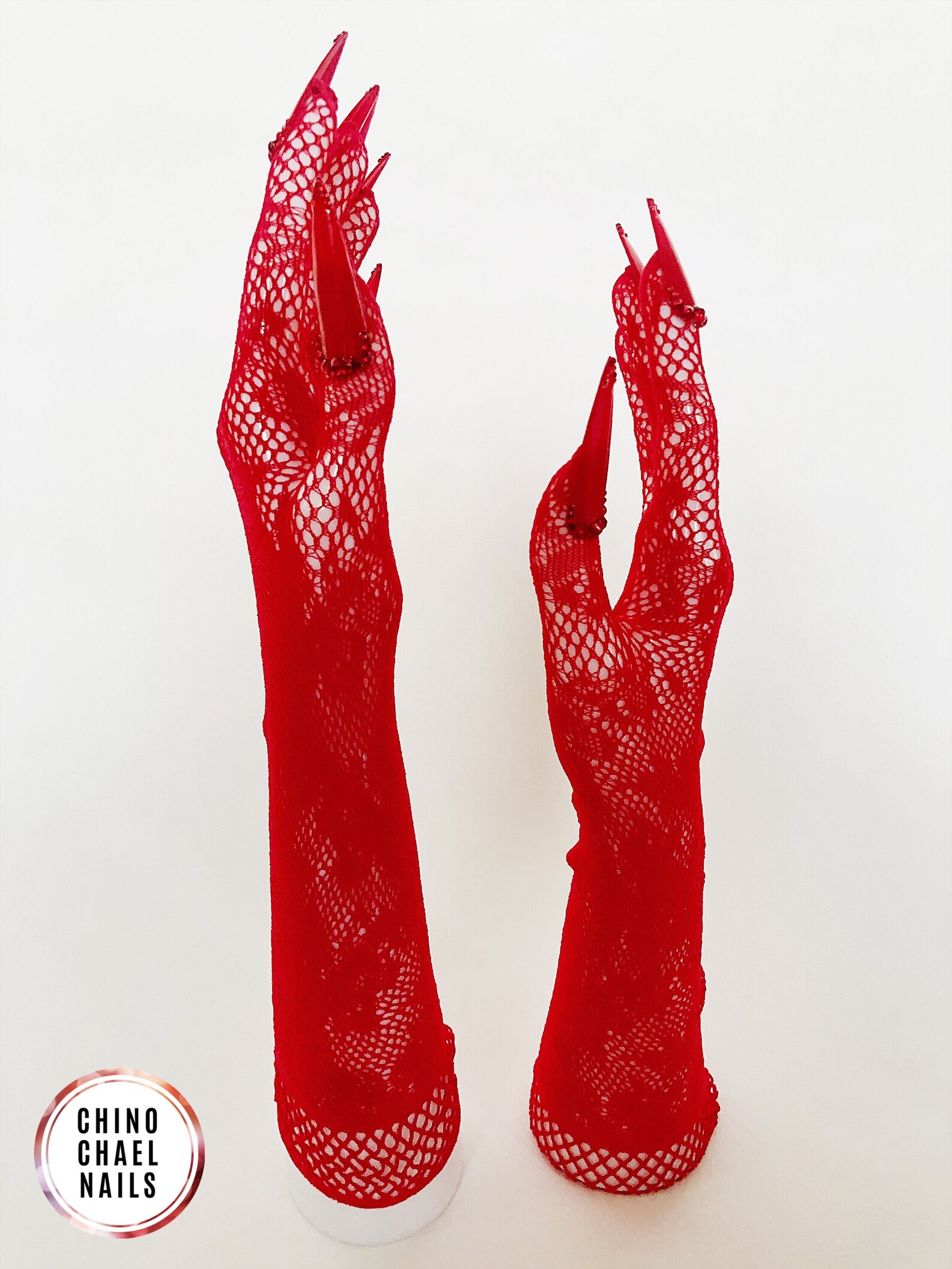 Red nail gloves black lace elbow length with red glass stones Etsy