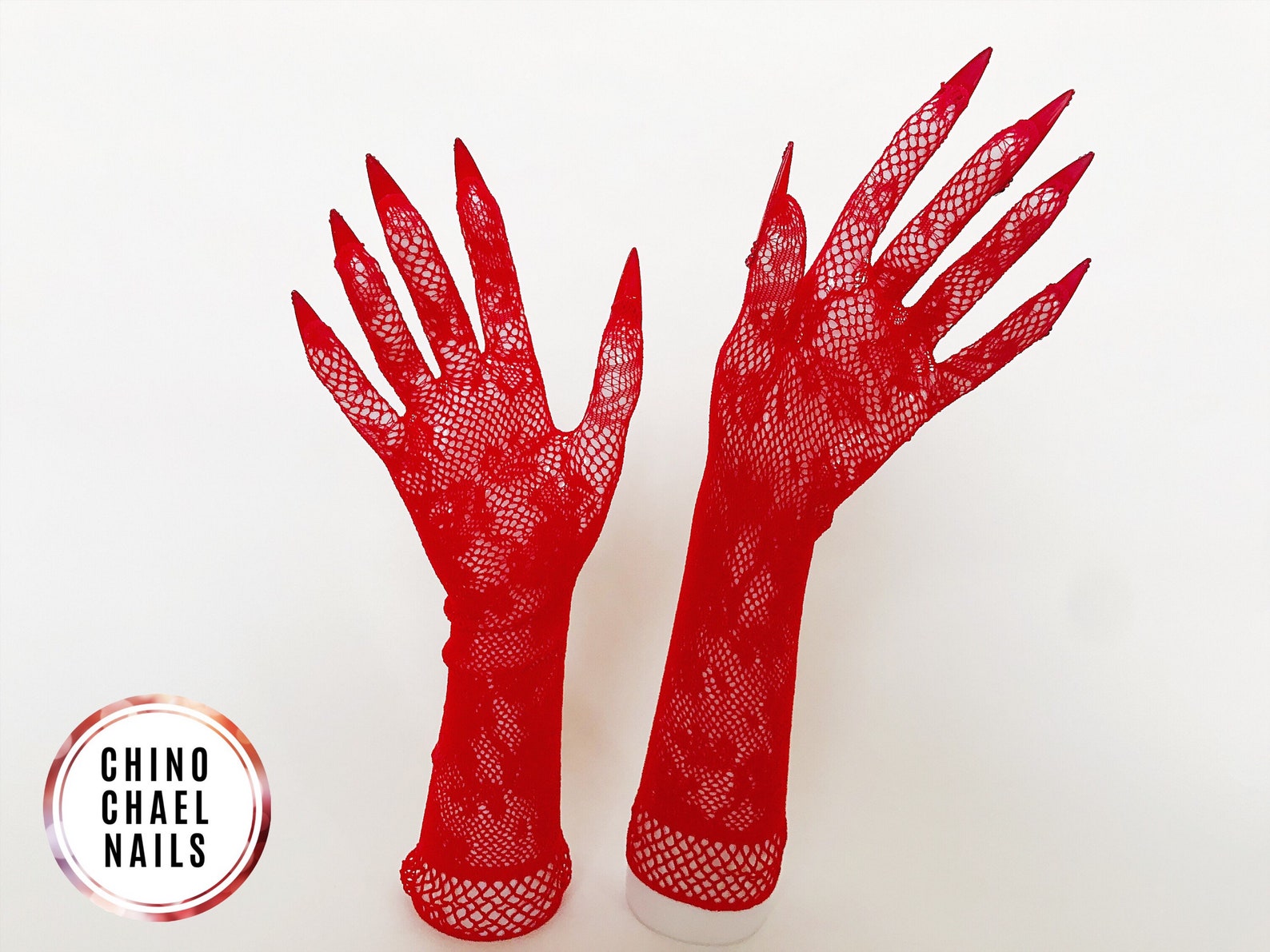 Red nail gloves black lace elbow length with red glass stones Etsy