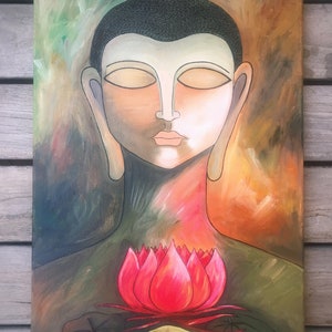 Buddha with red lotus Original oil painting on canvas