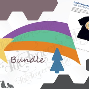 Puede incluir: Diseño gráfico con una estrella amarilla, un arcoíris y un árbol azul. La palabra "Bundle" está escrita en cursiva. Se muestra una camiseta negra con un diseño circular, junto con el texto "t-shirt transfers dark color fabrics".