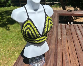 Custom Handmade Neon Crochet Halter Top Black and Green Festival Bralette Adjustable Striped Crochet Crop Top Boho Summer Rave Halloween