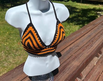 Custom Handmade Crochet Halter Top Black and Orange Festival Bralette Adjustable Striped Crochet Crop Top Boho Summer Rave Halloween