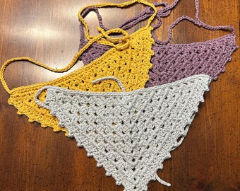 Solid Color Crochet Hair Bandana Handmade Triangle Head Scarf with Edging Boho Minimalist Cottagecore Hair Accessory