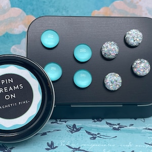 May include: A black tin with a white label that says "Pin Dreams On - Magnetic Pins". The tin contains six magnetic pins, three are light blue and three are silver with glitter.