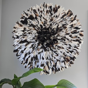 Peut inclure: Une décoration murale ronde composée de plumes blanches, noires et marron. Les plumes sont disposées pour créer un effet texturé et superposé. L'œuvre est présentée sur un mur gris clair, avec des feuilles vertes en dessous.