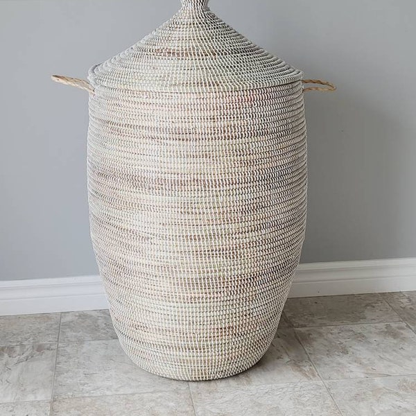 African Basket, Laundry Hamper Wicker Storage Organizer with Lid and Handles, Bohemian Storage Basket