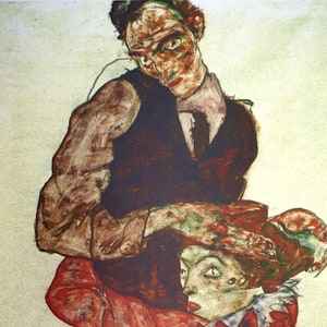Egon Schiele, Courting Couple, Plate Signed Chromolithograph
