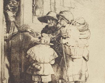 Rembrandt van Rijn, Beggars Receiving Alms at the Door of a House, Etching