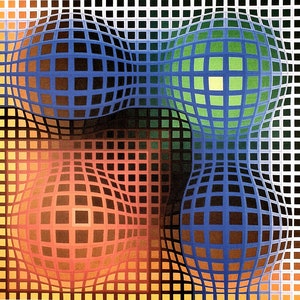 May include: Abstract geometric art print featuring four spheres with a grid pattern in shades of blue, green, orange, and yellow.
