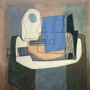 Może przedstawiać: Abstrakcyjne malarstwo z geometrycznymi kształtami w odcieniach brązu, błękitu, bieli i czerni. Obraz przedstawia biały kształt z niebieskim kółkiem, niebieskim prostokątem i brązowym kształtem z czarnymi liniami.