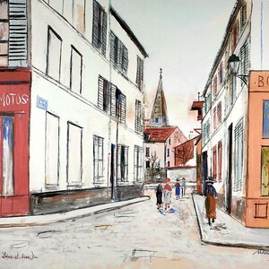 May include: A watercolor painting of a narrow street in a European city. The street is lined with buildings, some of which have shops on the ground floor. There are people walking on the street, and a church steeple is visible in the distance. The painting is signed "A. Matisse, 1921."