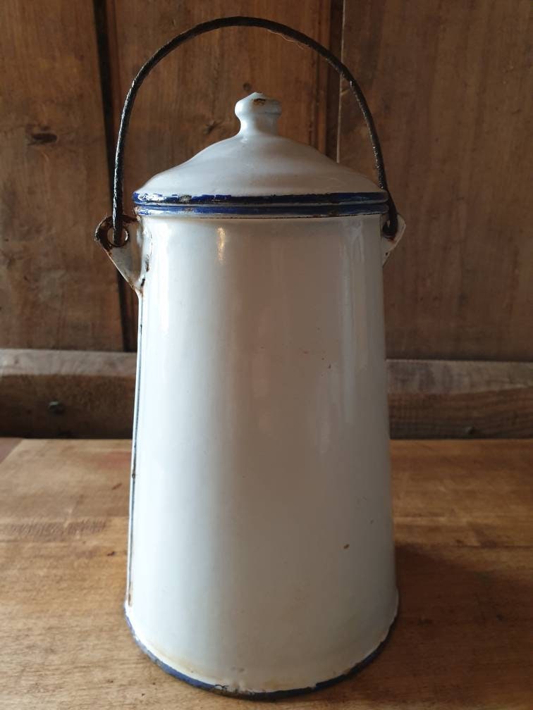 Français Blanc Vintage - Boîte de Lait d'émail Bleu /Pichet