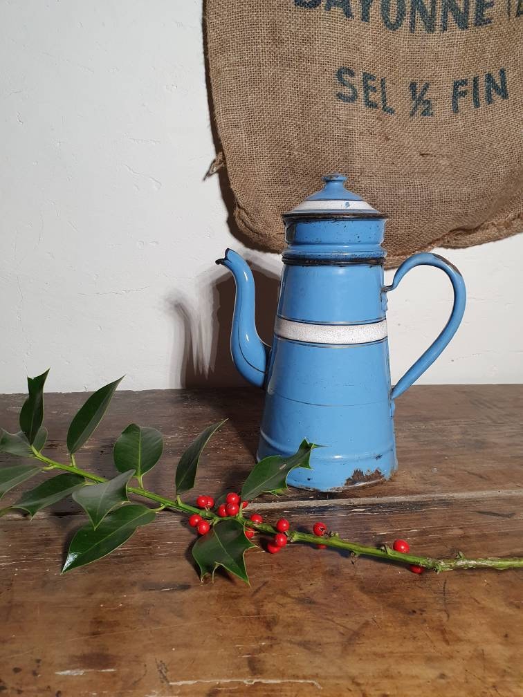 Français Vintage Blue & White Stripe Café en Émail/Percolateur de Cafetière