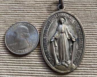 Old large Virgin Mary Miraculous brass medal in very nice condition, Virgin Mary Miraculous brass medal