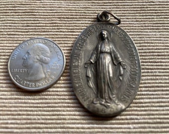Antique large Virgin Mary Miraculous brass medal in very nice condition, Virgin Mary Miraculous brass medal