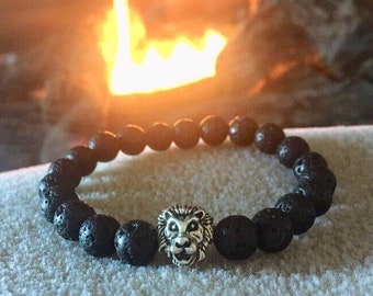 Custom Lion Gemstone Bracelet for Men and Women, Healing Yoga Boho Crystal Jewelry, 8mm Natural Stone Charm Bracelet, Tiger Eye, Lava Stone