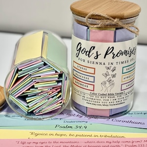 May include: Two glass jars filled with colorful paper strips. One jar is open, displaying the strips, while the other is closed with a wooden lid and twine. The label reads "God's Promises" with various prompts and Bible verses.