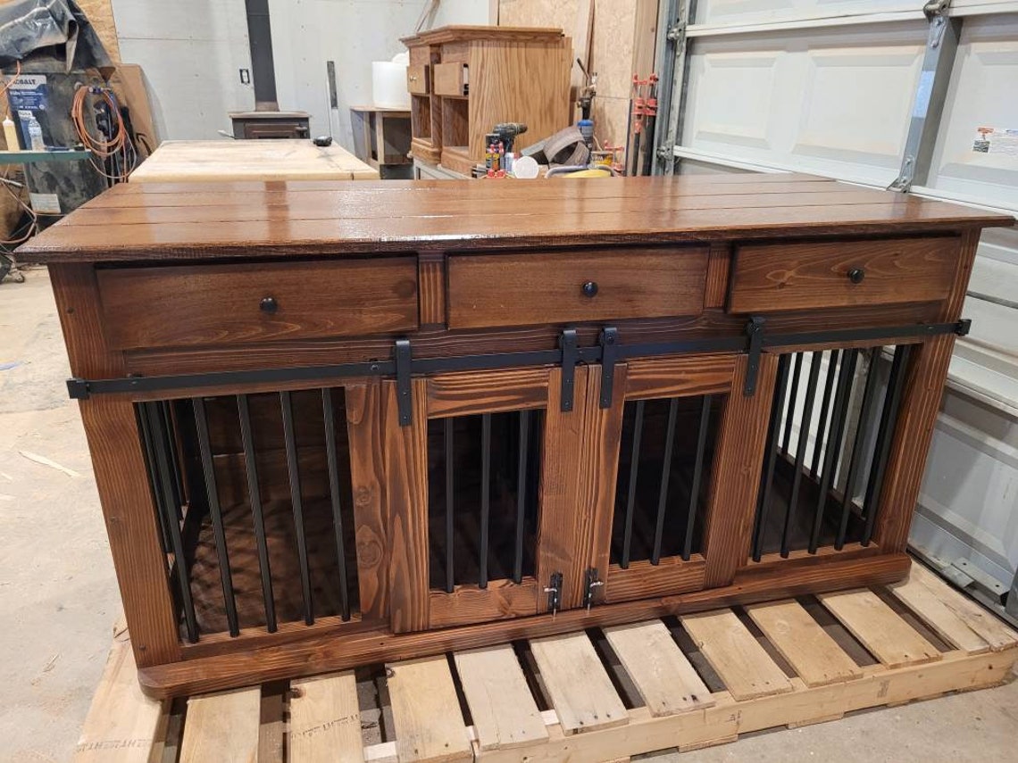 Double Dog crate with drawers divider an double barn doors. Etsy