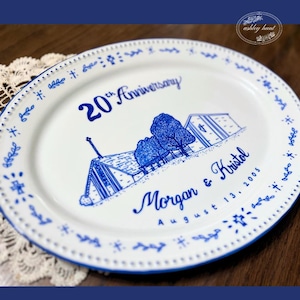 Custom Hand Painted Anniversary Platter | Blue China Ceramic Porcelain Wedding Gift Anniversary, Wedding venue, simple minimal DECORATIVE