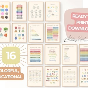 Conjunto de 16 carteles educativos imprimibles para jardín de infantes, gráficos para el aula, carteles de educación en casa, preescolar, hora del círculo, Montessori DIGITAL