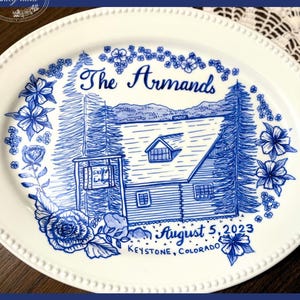 Custom Hand Painted Wedding Platter | Blue China Ceramic Porcelain Wedding Gift Anniversary, New Home Owner, House Portrait, DECORATIVE
