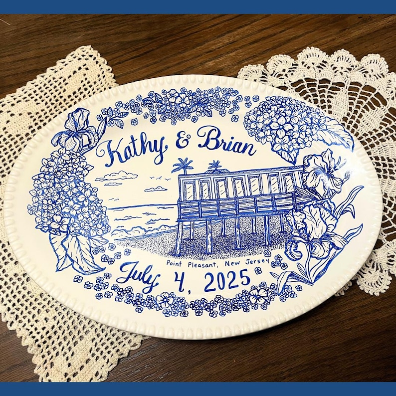Custom Hand Painted Wedding Platter | Blue China Ceramic Porcelain
