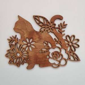 Wooden Cat Wall Art, Cat and Flowers Wall Hangings, Animal decor, home decor.
