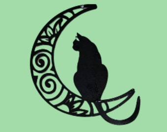 Cat and Moon Wooden Wall Art: Feline Lover Gift