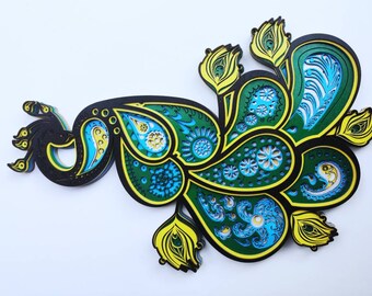 Layered Wooden Peacock Wall Art: Colorful Minimalist Decor