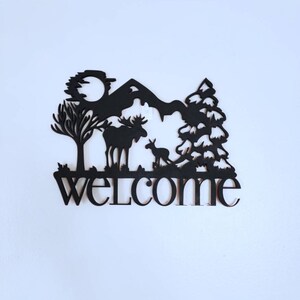 Wooden Welcome Sign, Welcome and Deer Wall Hangings, Welcome and Mountains Wall Decor, Welcome, Farm House Welcome Sign, Cabin Home Decor