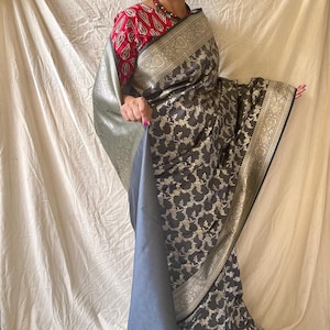 Grey katan silk banarasi saree