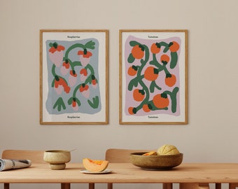 Kitchen Pair Set Artwork Abstract Tomatoes and Raspberries Kitchen Wall Decor Print | Fruit Market Print | Art Hoe