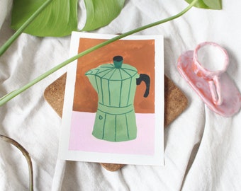 Coffee Moka Pot Gouache Painting Print A5 size | Still Life Print | Italian Food art | Sage Green Decor
