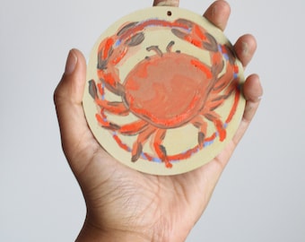 Crab Dish Tiny Painting Circle Painting, Shelf Decor Aesthetic, Pastel Desk