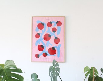 Large Pink and Blue Leaf Tomato Screen Print Wall Hanging 50x70 Kitchen Art | Tomato Art