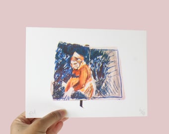 Odbitka Risograph A5 przedstawiająca starą kobietę na polu
