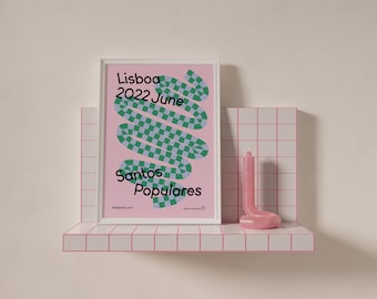 Digital Lisbon Poster, Pink Graphic Design Poster of Santos Populares Festival in Lisbon Portugal, Indie Room Decor