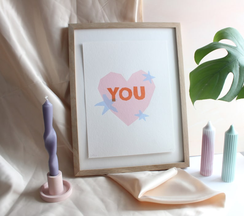 Love You Heart Screen Print, Quirky Home Decor, Twin Flame Gift, Engagement Pictures, Indie Gift image 5